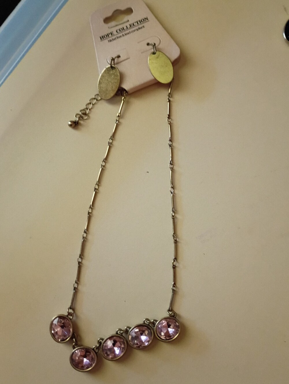 NEW Hope Collection Gold-Tone Necklace with Pink Gem Drops And Earrings